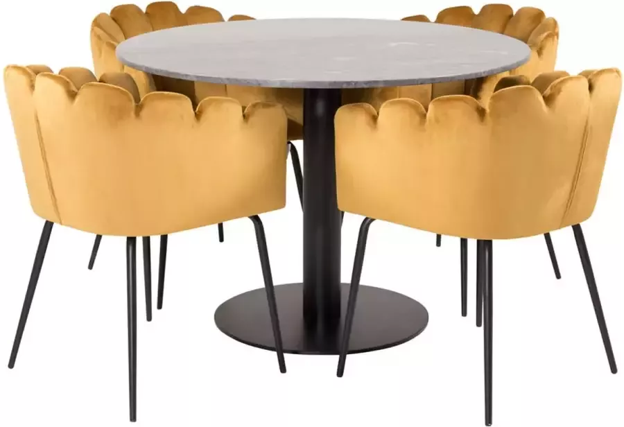 Hioshop EstelleØ106BLBL eethoek eetkamertafel zwart marmer en 4 Limhamn eetkamerstal velours geel.