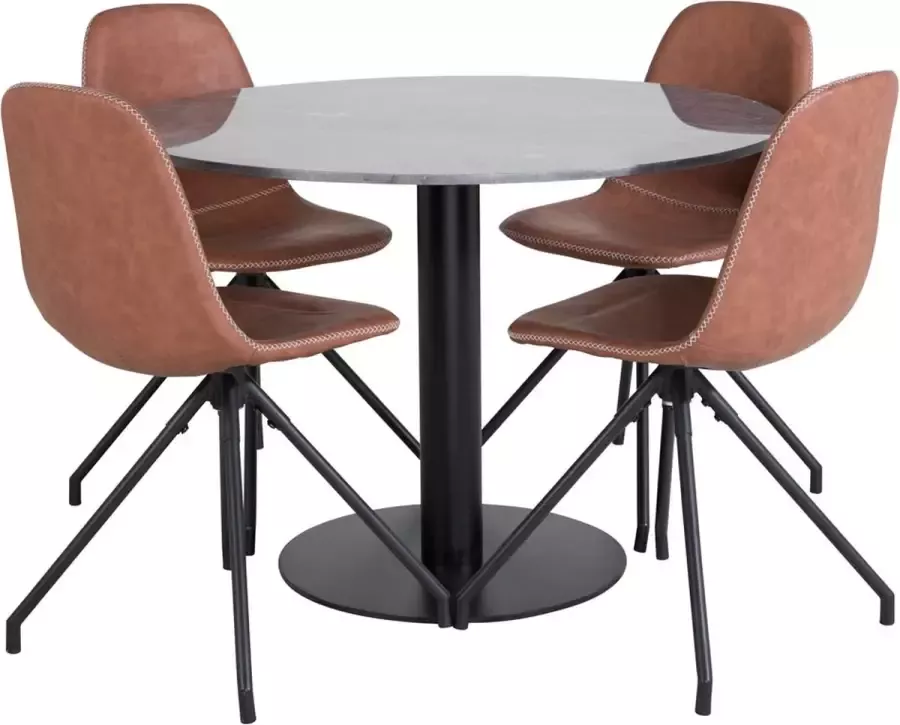 Hioshop EstelleØ106BLBL eethoek eetkamertafel zwart marmer en 4 Polar eetkamerstal PU kunstleer bruin.