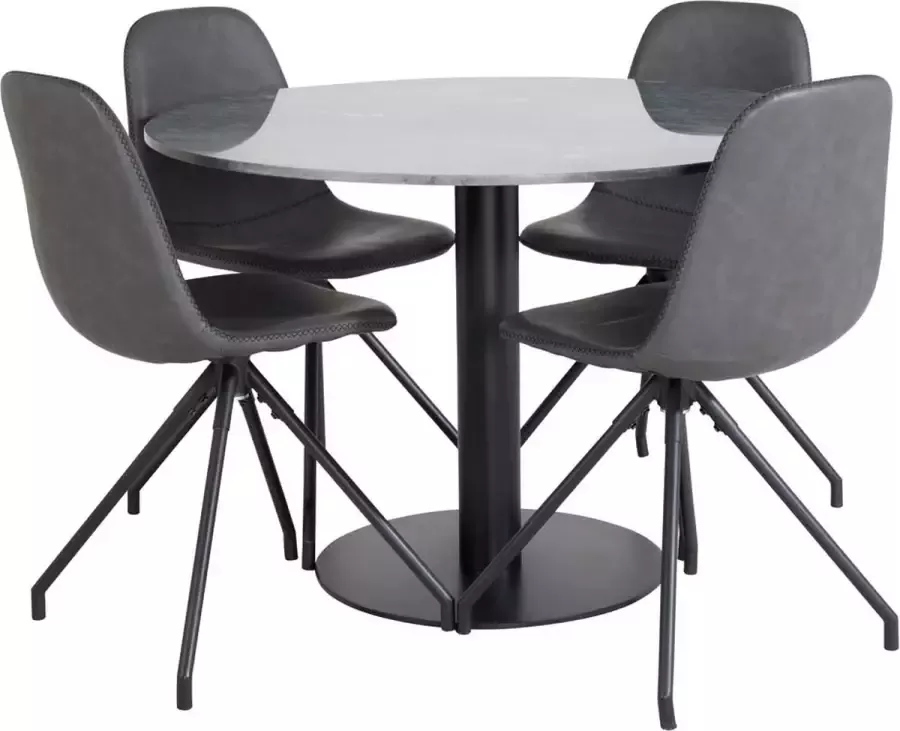 Hioshop EstelleØ106BLBL eethoek eetkamertafel zwart marmer en 4 Polar eetkamerstal PU kunstleer zwart.