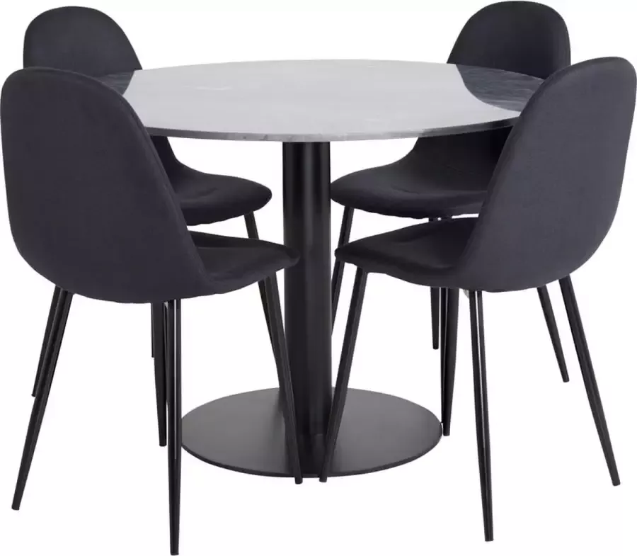 Hioshop EstelleØ106BLBL eethoek eetkamertafel zwart marmer en 4 Polar eetkamerstal zwart.