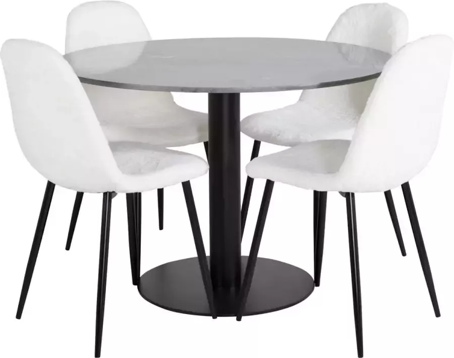 Hioshop EstelleØ106BLBL eethoek eetkamertafel zwart marmer en 4 Polar Fluff eetkamerstal Teddy wit.