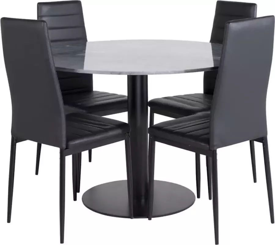 Hioshop EstelleØ106BLBL eethoek eetkamertafel zwart marmer en 4 Slim High Back eetkamerstal PU kunstleer zwart.