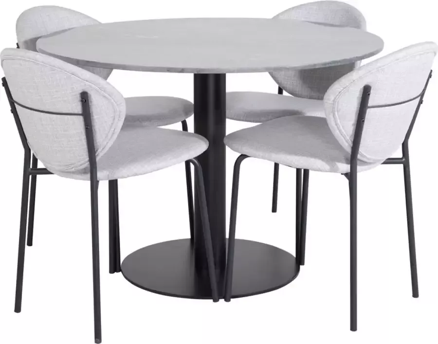 Hioshop EstelleØ106BLBL eethoek eetkamertafel zwart marmer en 4 Vault eetkamerstal grijs.