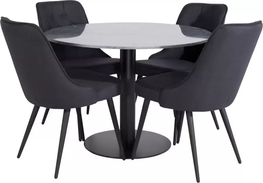 Hioshop EstelleØ106BLBL eethoek eetkamertafel zwart marmer en 4 Velvet Deluxe eetkamerstal zwart.