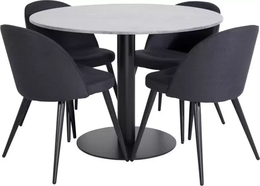 Hioshop EstelleØ106BLBL eethoek eetkamertafel zwart marmer en 4 Velvet eetkamerstal zwart.