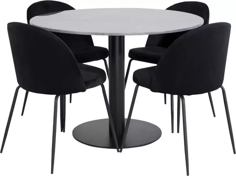 Hioshop EstelleØ106BLBL eethoek eetkamertafel zwart marmer en 4 Wrinkles eetkamerstal velours zwart.