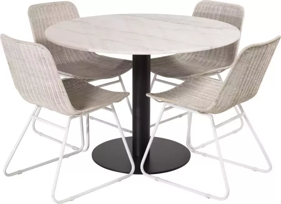 Hioshop EstelleØ106WHBL eethoek eetkamertafel wit marmer en 4 Cirebon eetkamerstal rotan whitewash.