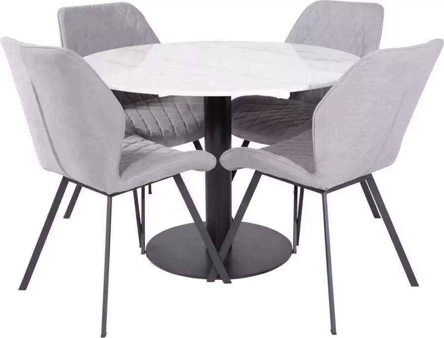 Hioshop EstelleØ106WHBL eethoek eetkamertafel wit marmer en 4 Gemma eetkamerstal grijs.