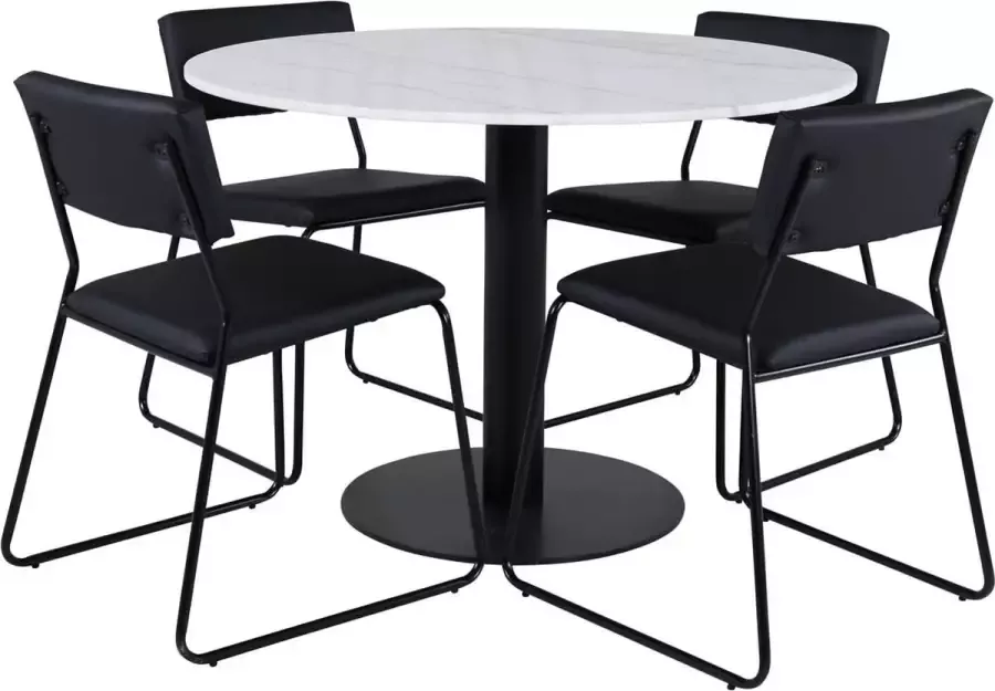 Hioshop EstelleØ106WHBL eethoek eetkamertafel wit marmer en 4 Kenth eetkamerstal PU kunstleer zwart.