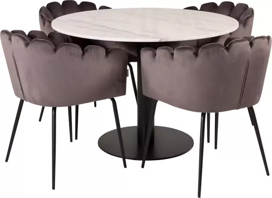 Hioshop EstelleØ106WHBL eethoek eetkamertafel wit marmer en 4 Limhamn eetkamerstal velours grijs.