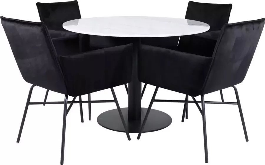 Hioshop EstelleØ106WHBL eethoek eetkamertafel wit marmer en 4 Pippi eetkamerstal velours zwart.