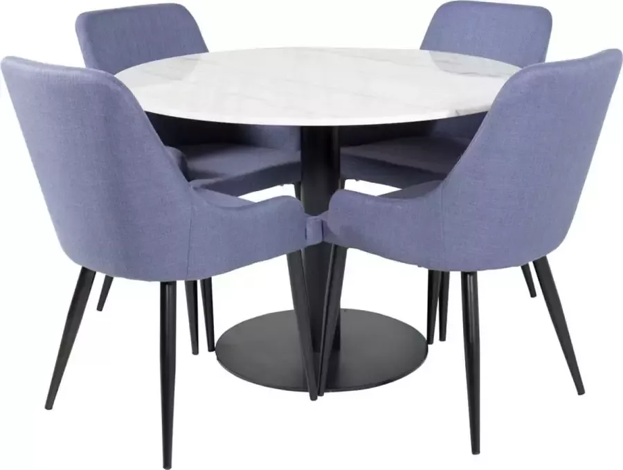 Hioshop EstelleØ106WHBL eethoek eetkamertafel wit marmer en 4 Plaza eetkamerstal blauw zwart.
