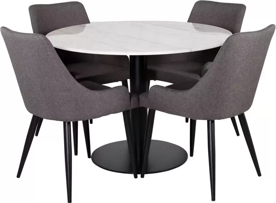 Hioshop EstelleØ106WHBL eethoek eetkamertafel wit marmer en 4 Plaza eetkamerstal grijs zwart.