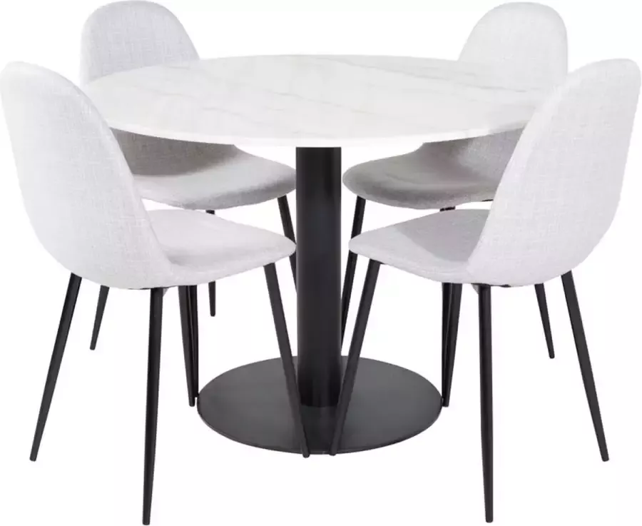 Hioshop EstelleØ106WHBL eethoek eetkamertafel wit marmer en 4 Polar eetkamerstal lichtgrijs.