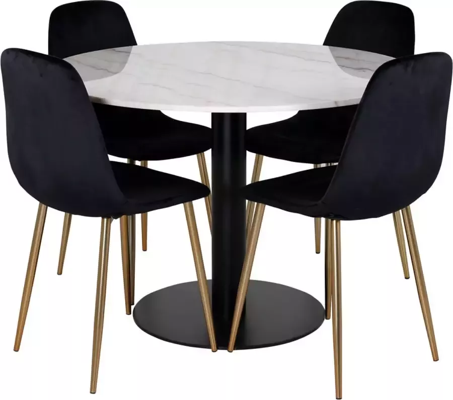 Hioshop EstelleØ106WHBL eethoek eetkamertafel wit marmer en 4 Polar eetkamerstal velours zwart messing decor.