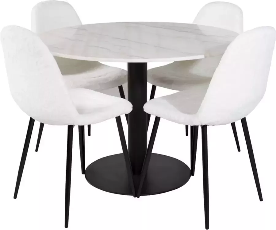 Hioshop EstelleØ106WHBL eethoek eetkamertafel wit marmer en 4 Polar Fluff eetkamerstal Teddy wit.