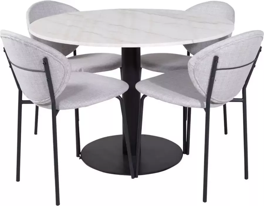 Hioshop EstelleØ106WHBL eethoek eetkamertafel wit marmer en 4 Vault eetkamerstal grijs.
