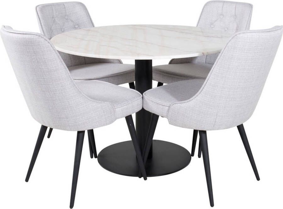 Hioshop EstelleØ106WHBL eethoek eetkamertafel wit marmer en 4 Velvet Deluxe eetkamerstal lichtgrijs zwart. - Foto 1