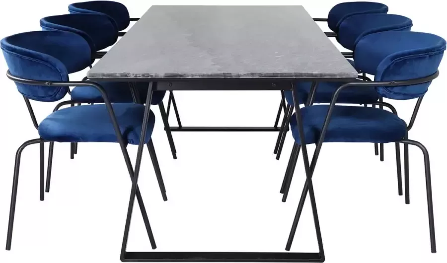 Hioshop EstelleBLBL eethoek eetkamertafel zwart marmer en 6 Arrow eetkamerstal velours blauw.