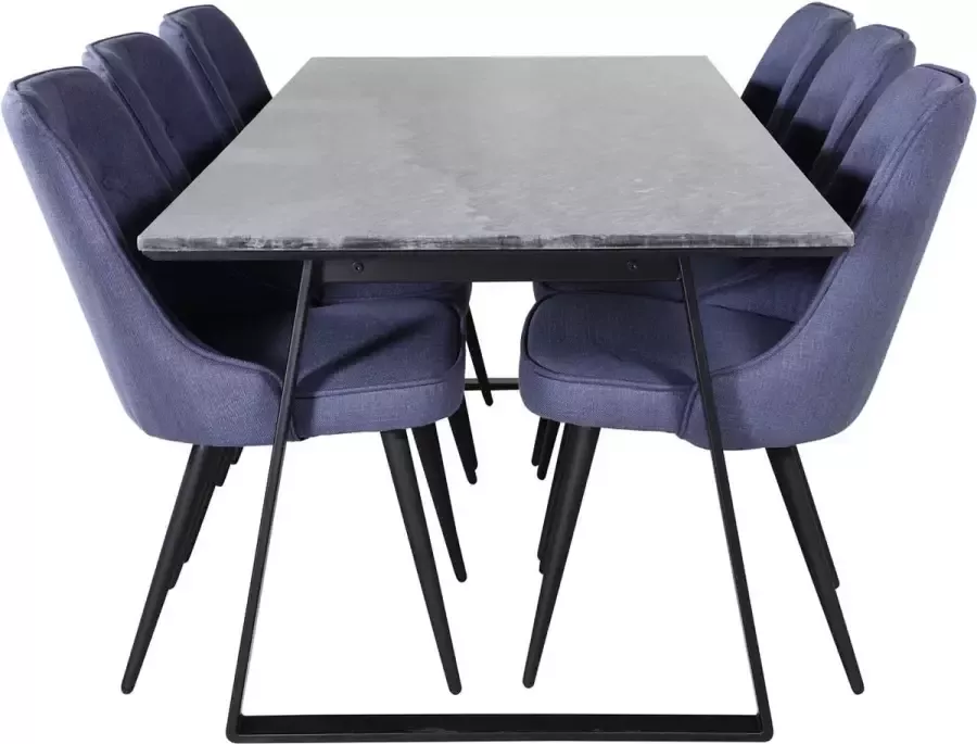 Hioshop EstelleBLBL eethoek eetkamertafel zwart marmer en 6 Velvet Deluxe eetkamerstal blauw zwart.
