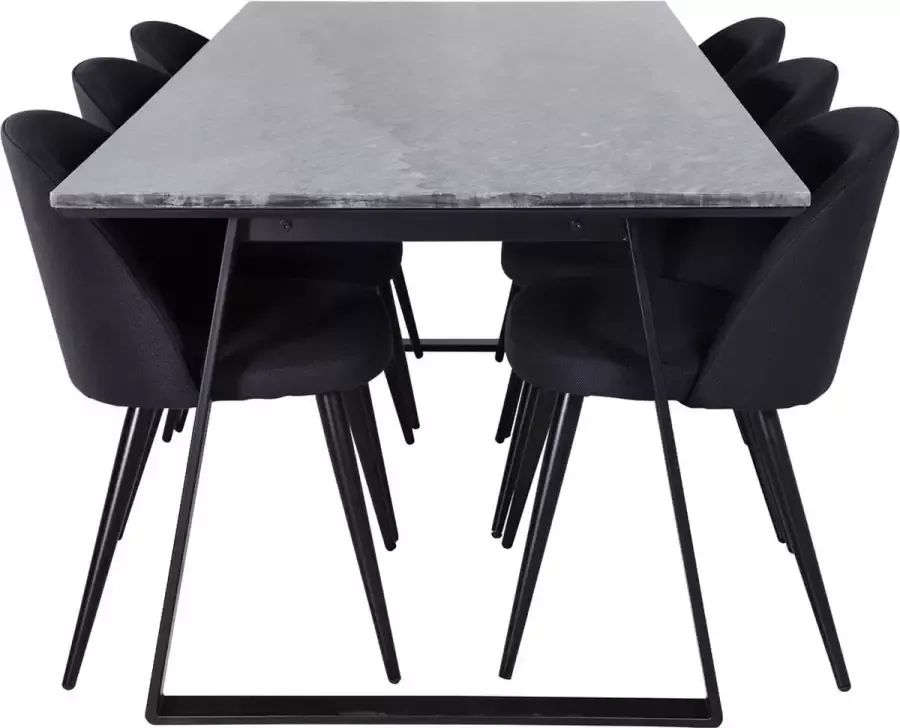 Hioshop EstelleBLBL eethoek eetkamertafel zwart marmer en 6 Velvet eetkamerstal zwart.