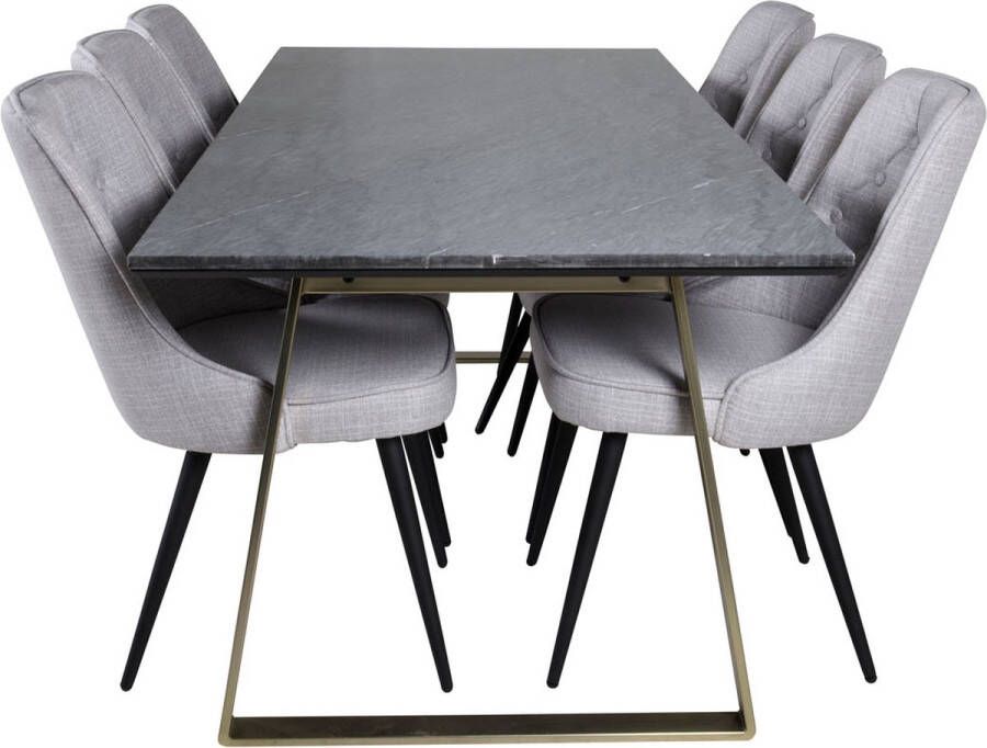 Hioshop EstelleBLBR eethoek eetkamertafel zwart marmer en 6 Velvet Deluxe eetkamerstal lichtgrijs zwart. - Foto 1