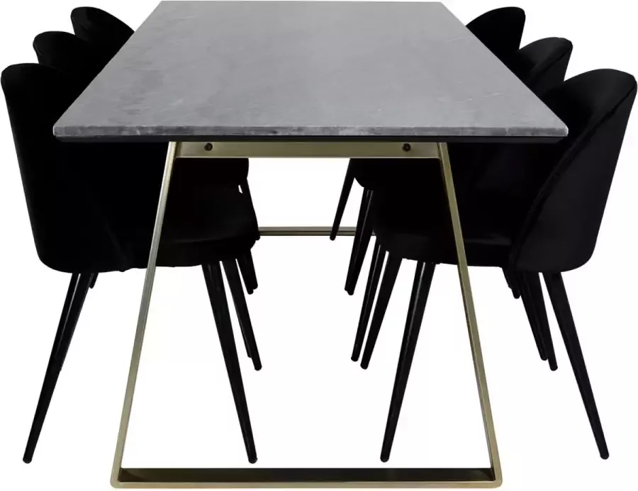 Hioshop EstelleBLBR eethoek eetkamertafel zwart marmer en 6 Velvet eetkamerstal velours zwart. - Foto 1