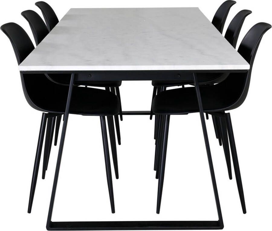 Hioshop EstelleWHBL eethoek eetkamertafel wit marmer en 6 Polar eetkamerstal zwart - Foto 1