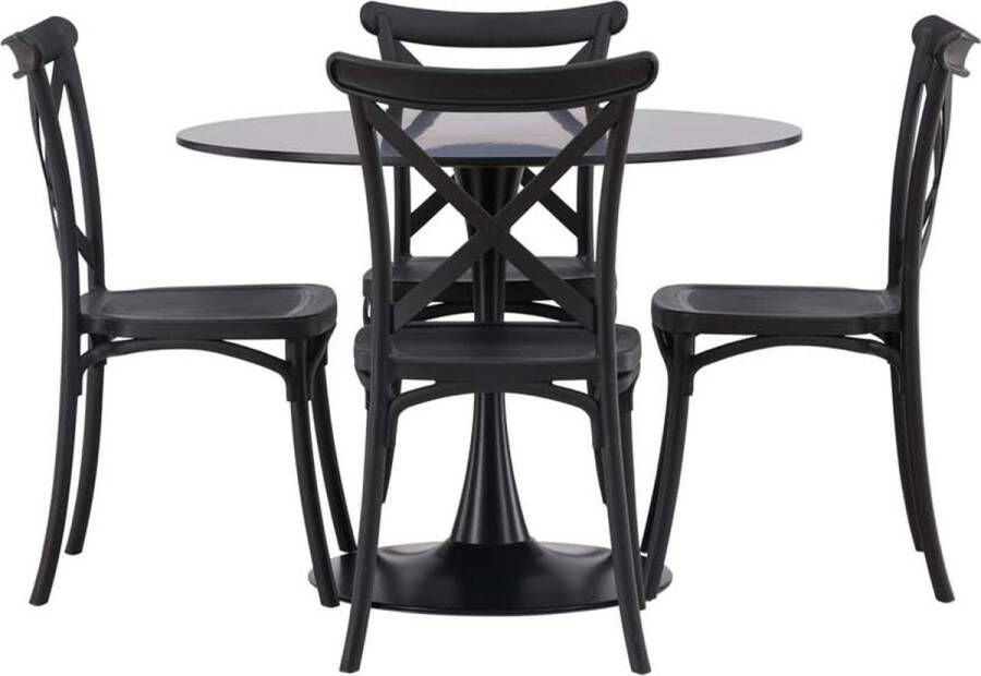 Hioshop Glade eethoek tafel zwart en 4 Crosett stoelen zwart.