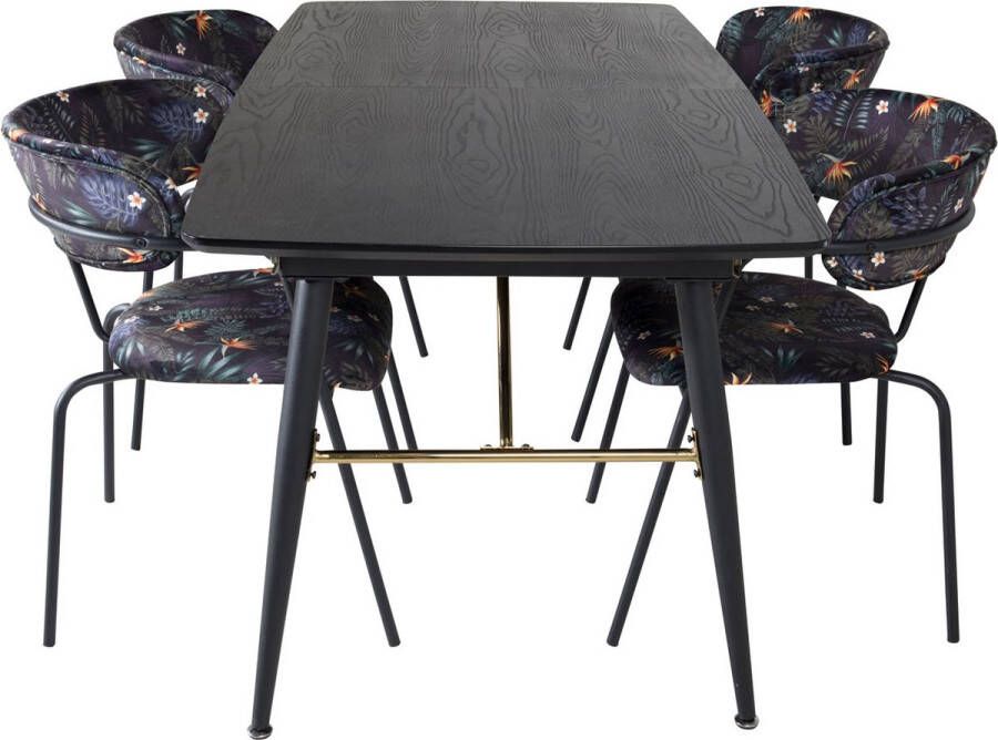 Hioshop Gold eethoek eetkamertafel uitschuifbare tafel lengte cm 180 220 zwart en 4 Arrow eetkamerstal zwart.