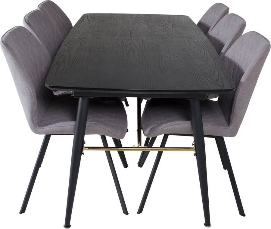 Hioshop Gold eethoek eetkamertafel uitschuifbare tafel lengte cm 180 220 zwart en 6 Gemma eetkamerstal zwart. - Foto 2