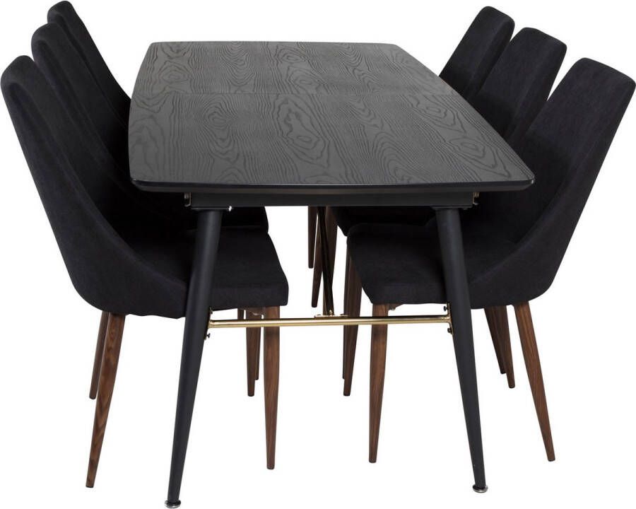 Hioshop Gold eethoek eetkamertafel uitschuifbare tafel lengte cm 180 220 zwart en 6 Leone eetkamerstal zwart.