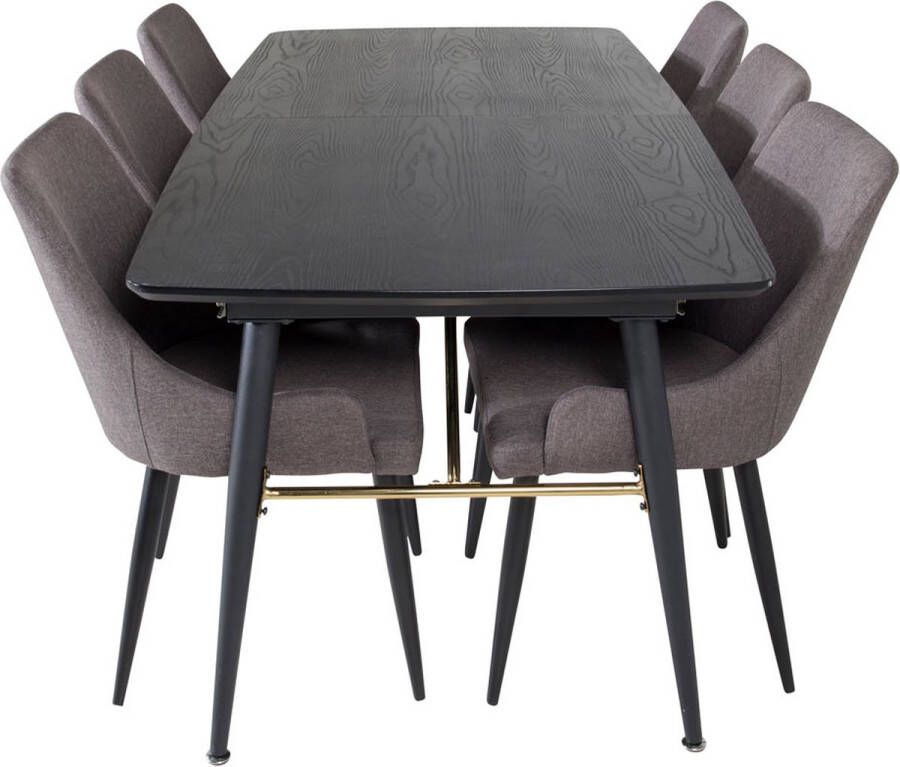 Hioshop Gold eethoek eetkamertafel uitschuifbare tafel lengte cm 180 220 zwart en 6 Plaza eetkamerstal grijs zwart.