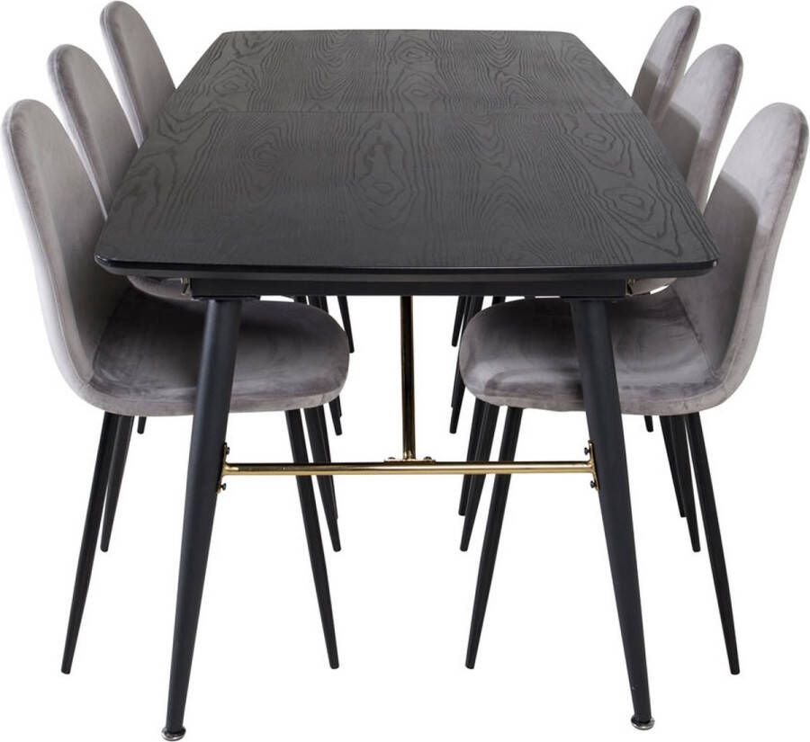 Hioshop Gold eethoek eetkamertafel uitschuifbare tafel lengte cm 180 220 zwart en 6 Polar eetkamerstal velours grijs.