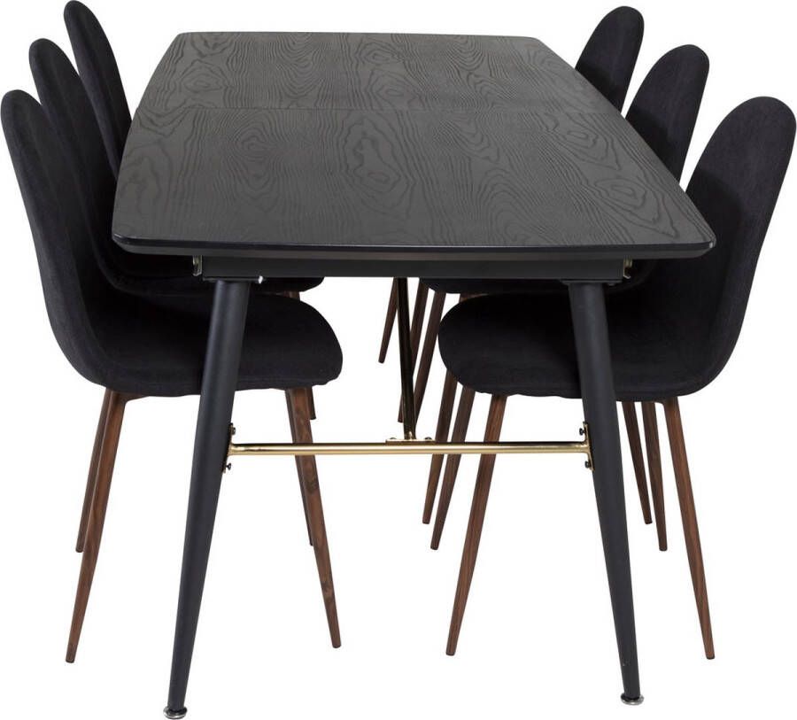 Hioshop Gold eethoek eetkamertafel uitschuifbare tafel lengte cm 180 220 zwart en 6 Polar eetkamerstal zwart. - Foto 2