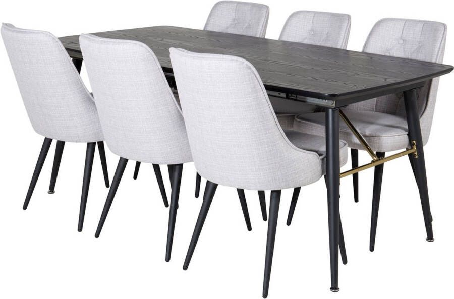 Hioshop Gold eethoek eetkamertafel uitschuifbare tafel lengte cm 180 220 zwart en 6 Velvet Deluxe eetkamerstal lichtgrijs zwart