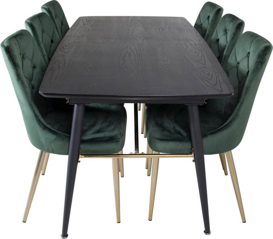Hioshop Gold eethoek eetkamertafel uitschuifbare tafel lengte cm 180 220 zwart en 6 Velvet Deluxe eetkamerstal velours groente messing decor