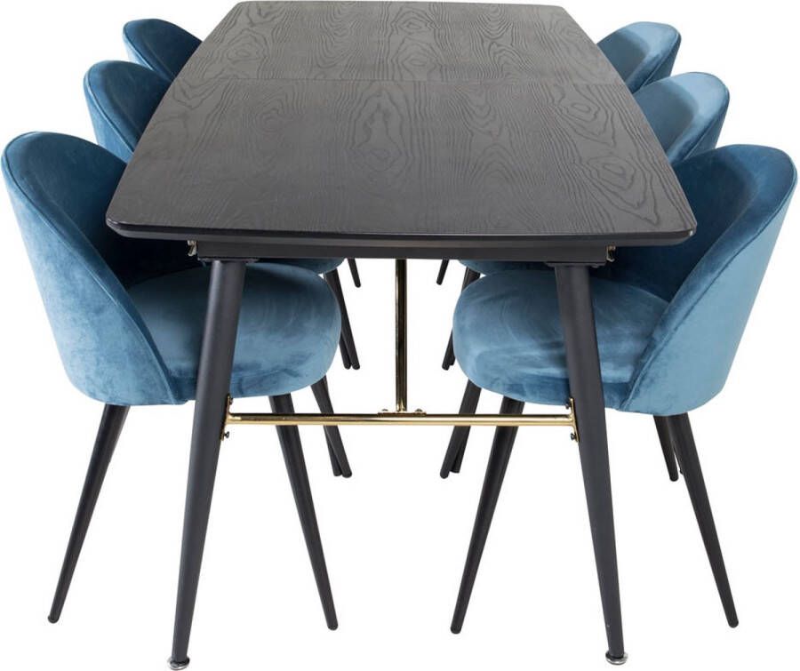 Hioshop Gold eethoek eetkamertafel uitschuifbare tafel lengte cm 180 220 zwart en 6 Velvet eetkamerstal velours blauw zwart. - Foto 2