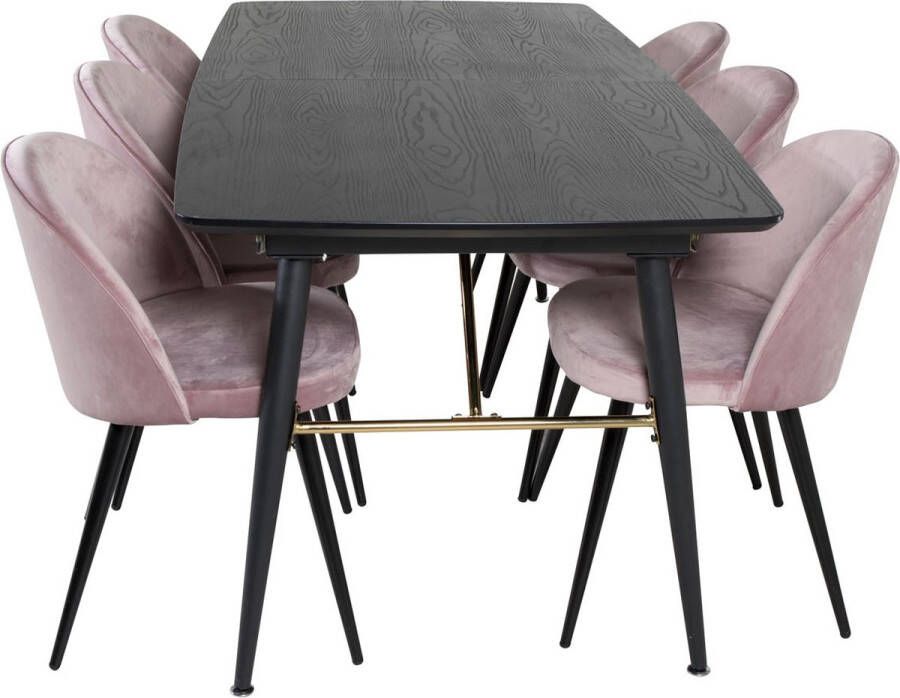 Hioshop Gold eethoek eetkamertafel uitschuifbare tafel lengte cm 180 220 zwart en 6 Velvet eetkamerstal velours roze zwart. - Foto 2