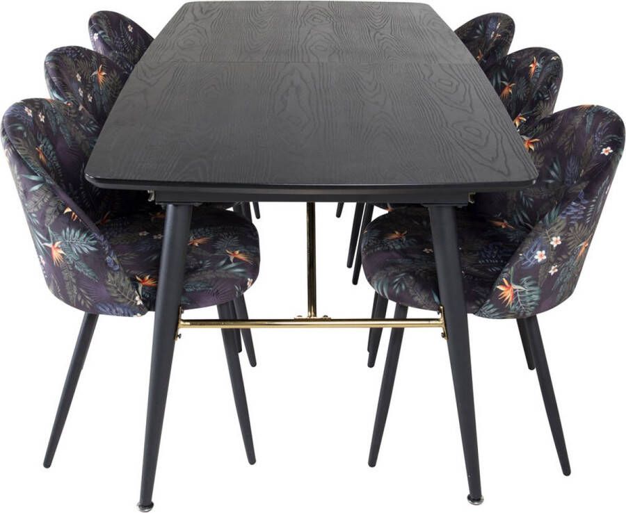 Hioshop Gold eethoek eetkamertafel uitschuifbare tafel lengte cm 180 220 zwart en 6 Velvet eetkamerstal velours gebloeid. - Foto 2