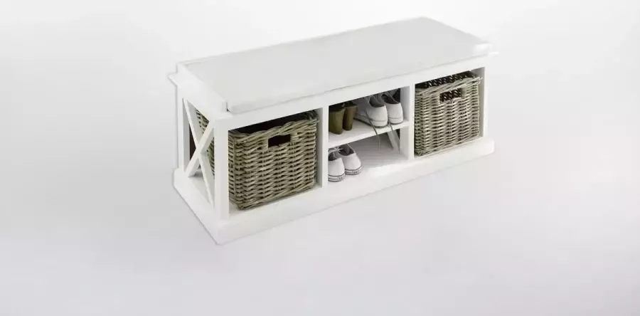 Hioshop Halifax bank met 2 rotan manden en 1 plank in wit - Foto 2