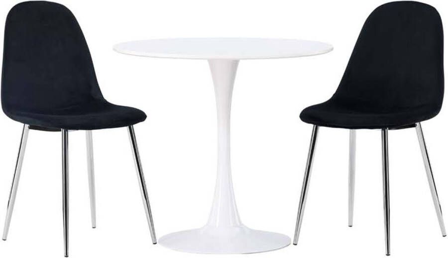 Hioshop Hamden eethoek tafel wit en 2 Polar stoelen zwart.