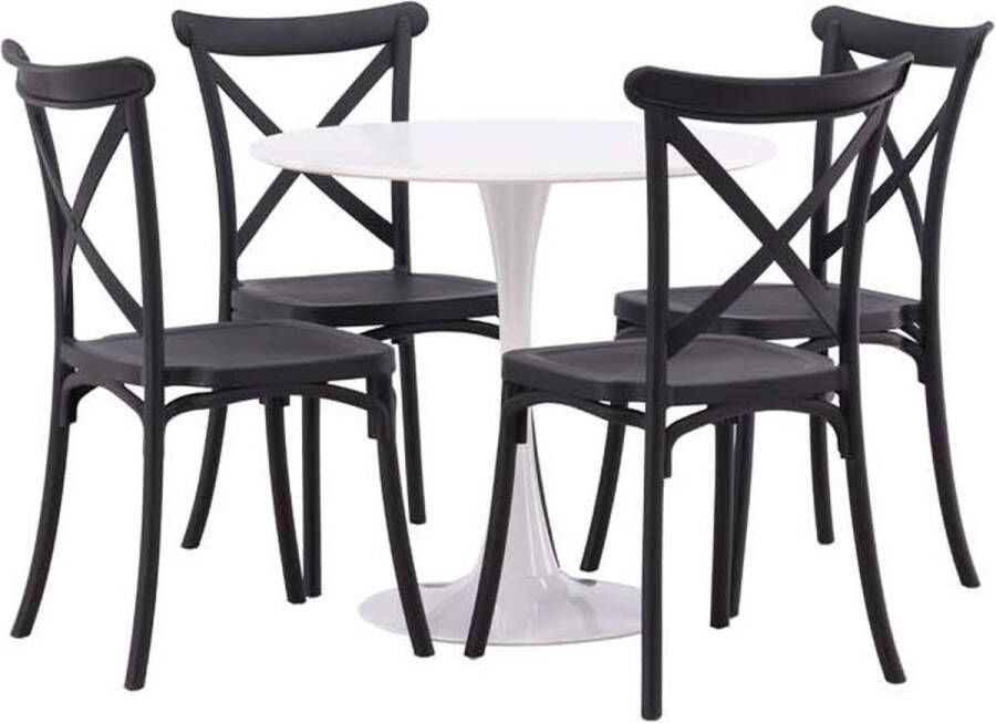 Hioshop Hamden eethoek tafel wit en 4 Crosett stoelen zwart.