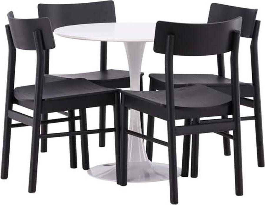 Hioshop Hamden eethoek tafel wit en 4 Montros stoelen zwart.