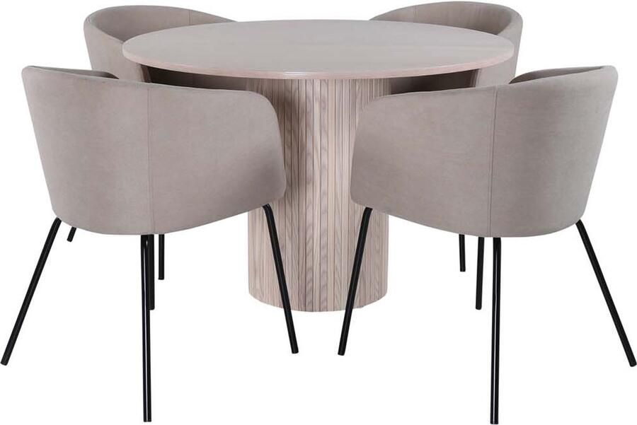 Hioshop Bianca eethoek tafel whitewash en 4 berit stoelen beige.