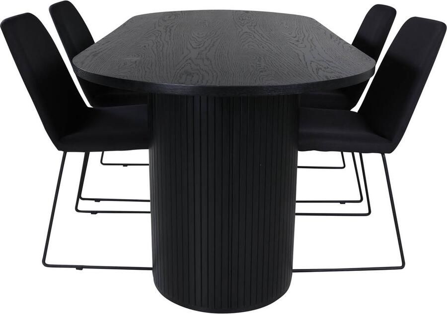Hioshop BiancaBL eethoek eetkamertafel zwart en 4 Muce eetkamerstal zwart.