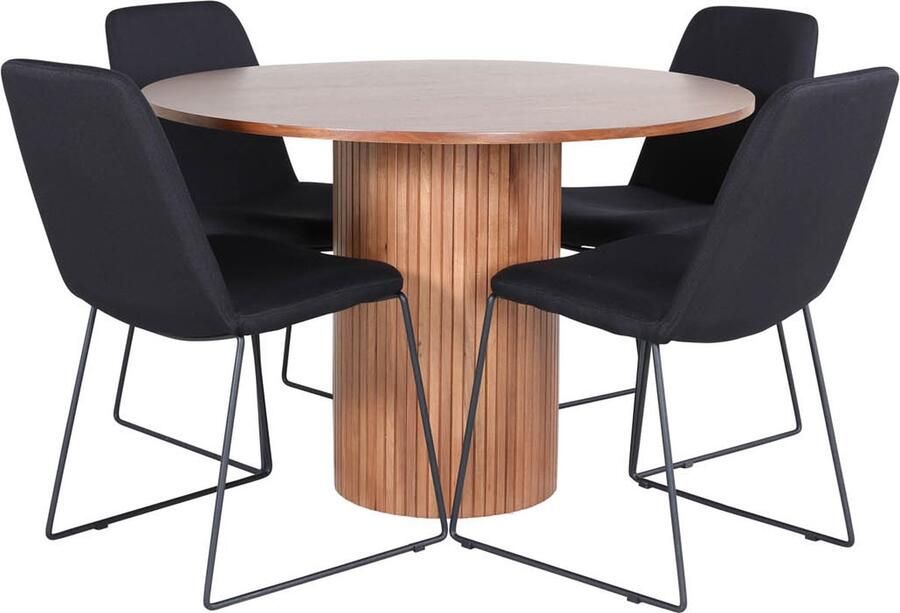 Hioshop BiancaROWA eethoek eetkamertafel eik fineer en 4 Muce eetkamerstal zwart.