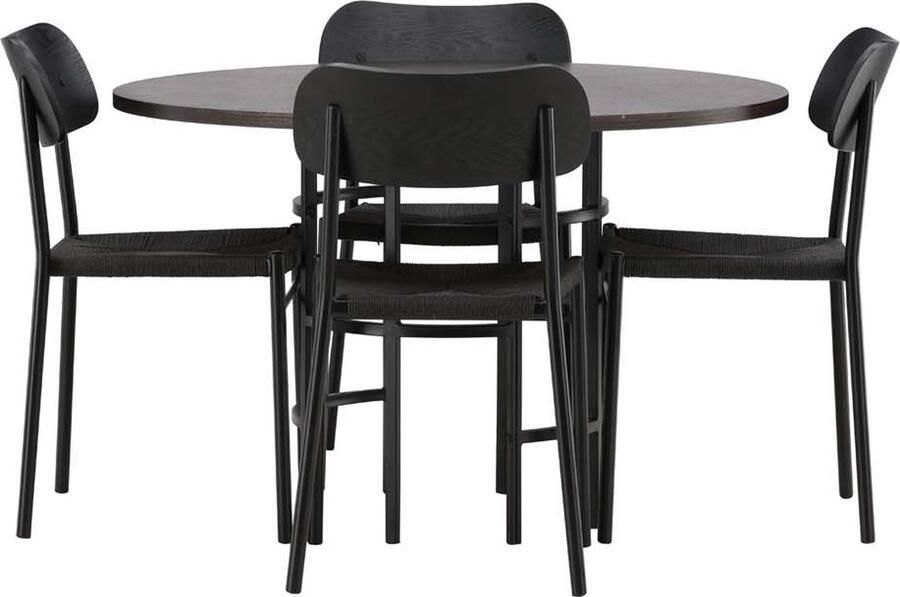 Hioshop Copenhagen eethoek tafel mokka en 4 Polly stoelen zwart.