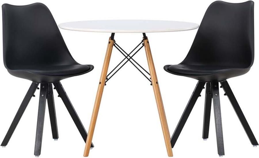 Hioshop Danburi eethoek tafel wit en 2 Zeno stoelen zwart.