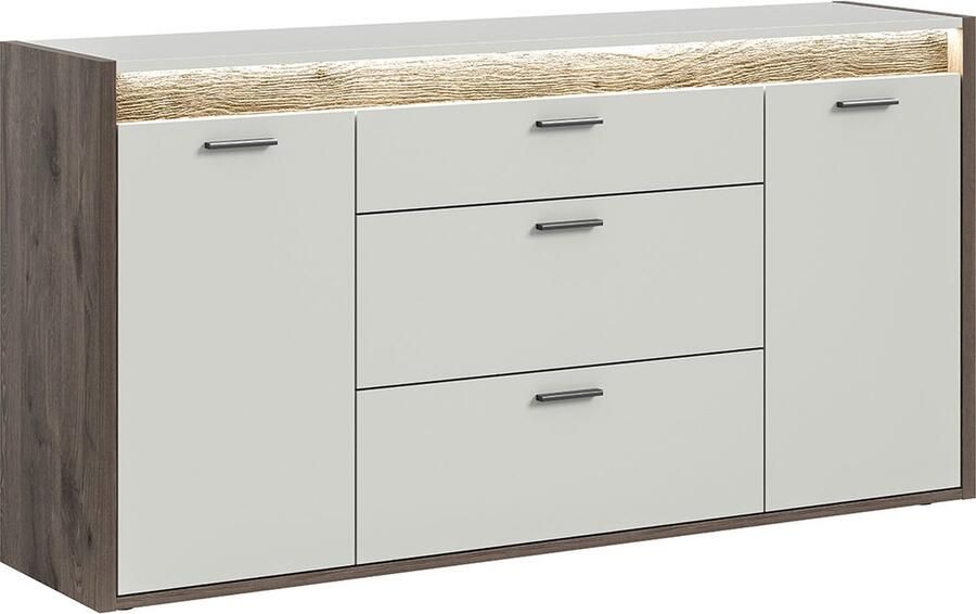 Hioshop Falcona dressoir 3 laden 2 deuren incl. LED-verlichting lichtgrijs